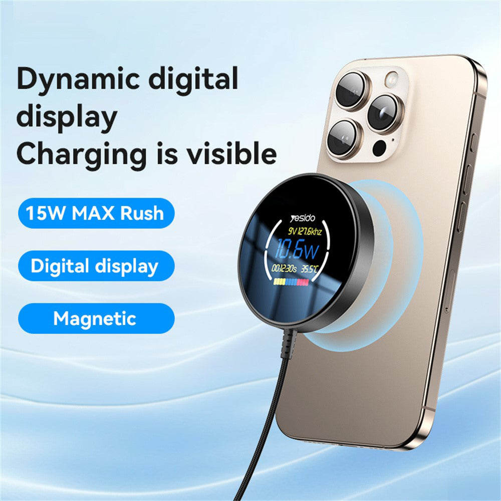 Bežični punjač Yesido DS28 Display, 15W, 1.67A, Crni