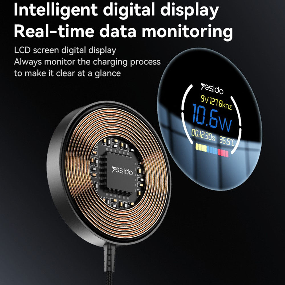 Bežični punjač Yesido DS28 Display, 15W, 1.67A, Crni