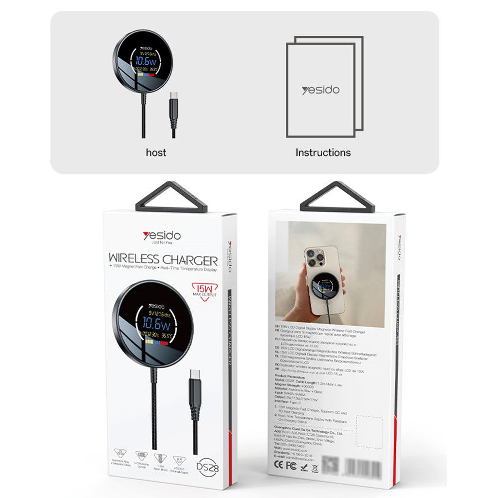 Bežični punjač Yesido DS28 Display, 15W, 1.67A, Crni