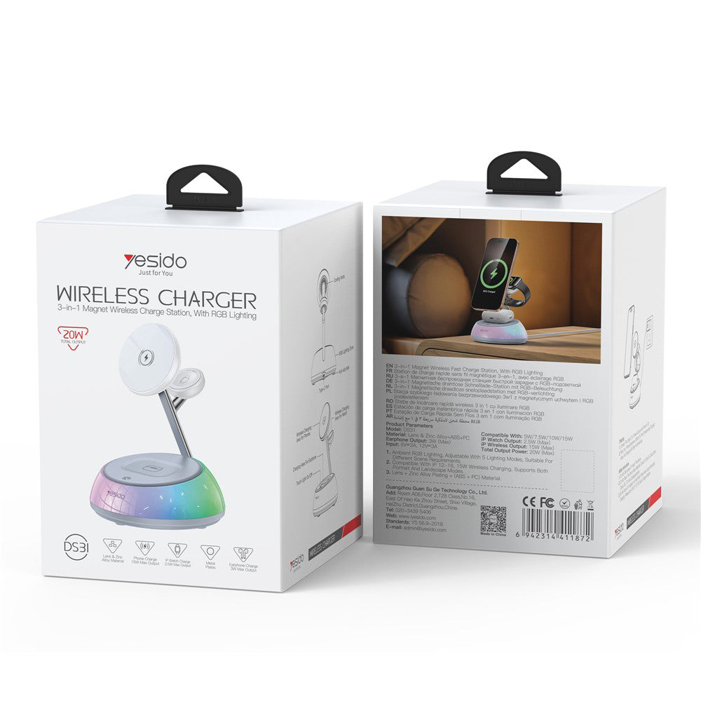 Bežični punjač Yesido DS31 3u1, 15W, 1.67A, Beli