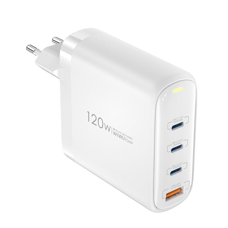 Punjač za mrežu WiWu Wi-U020, 120W, 3A, 1 x USB-A - 3 x USB-C, Beli
