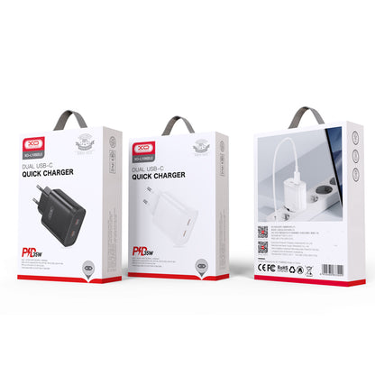 Punjač za mrežu XO Design L105, 35W, 3A, 2 x USB-C, Beli