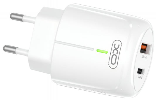 Punjač Mreže XO Design L114, 20W, 3A, 1 x USB-A - 1 x USB-C, Beli
