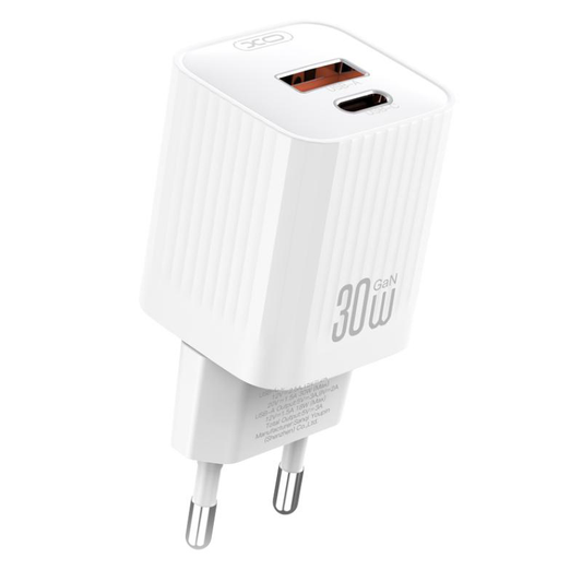 Punjač za mrežu XO Design L149, 30W, 3A, 1 x USB-A - 1 x USB-C, Bela