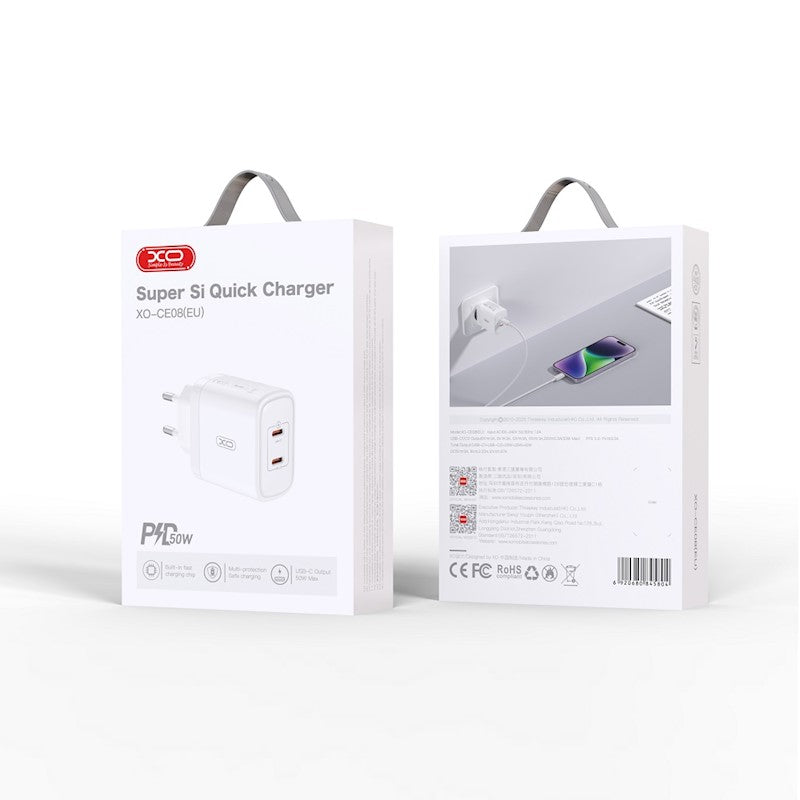 Punjač za mrežu XO Design CE08, 50W, 3A, 2 x USB-C, Beli