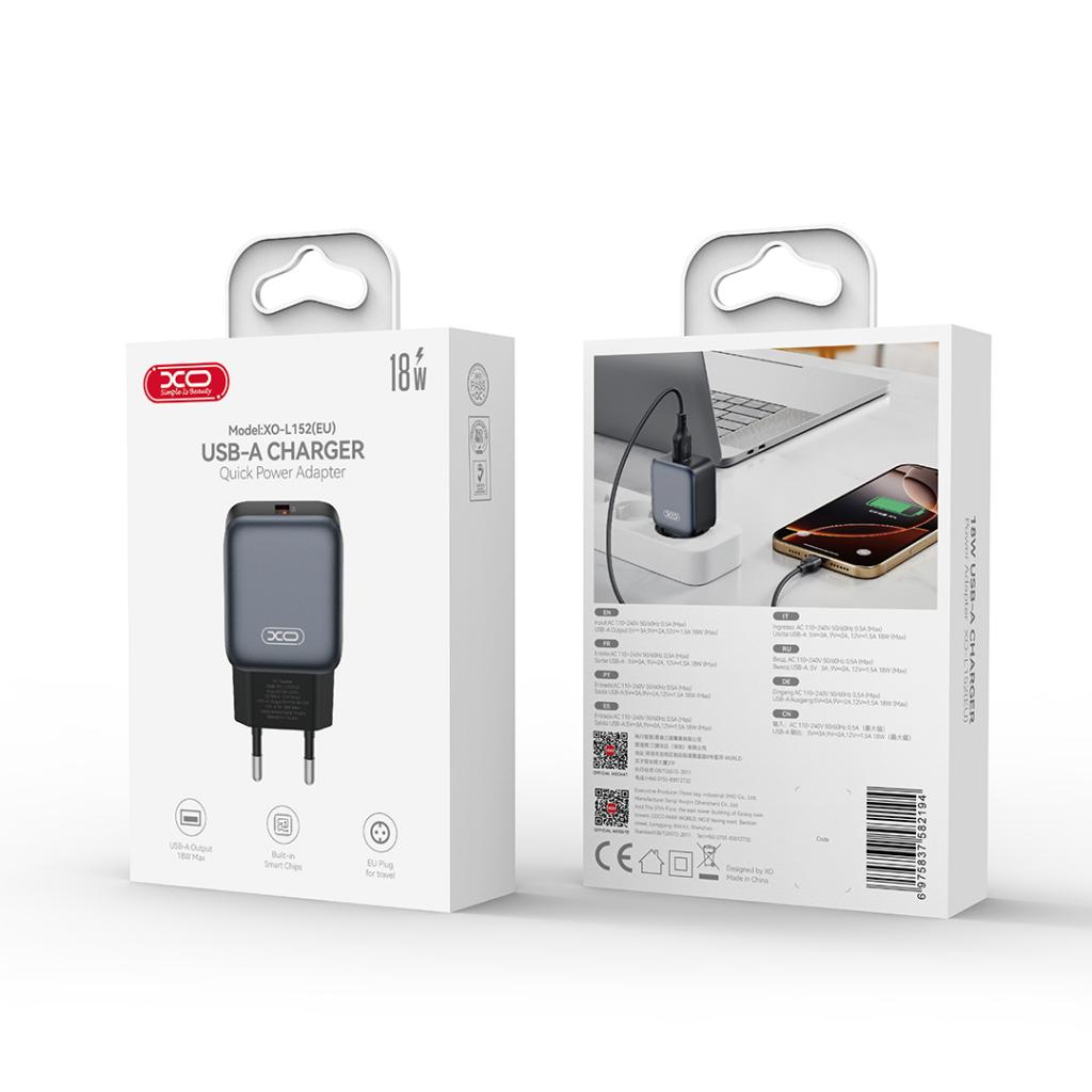 Punjač za mrežu XO Design L152, 18W, 3A, 1 x USB-A, Crni