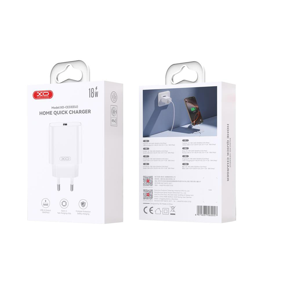 Punjač za mrežu XO Design CE33, 18W, 3A, 1 x USB-A, Beli