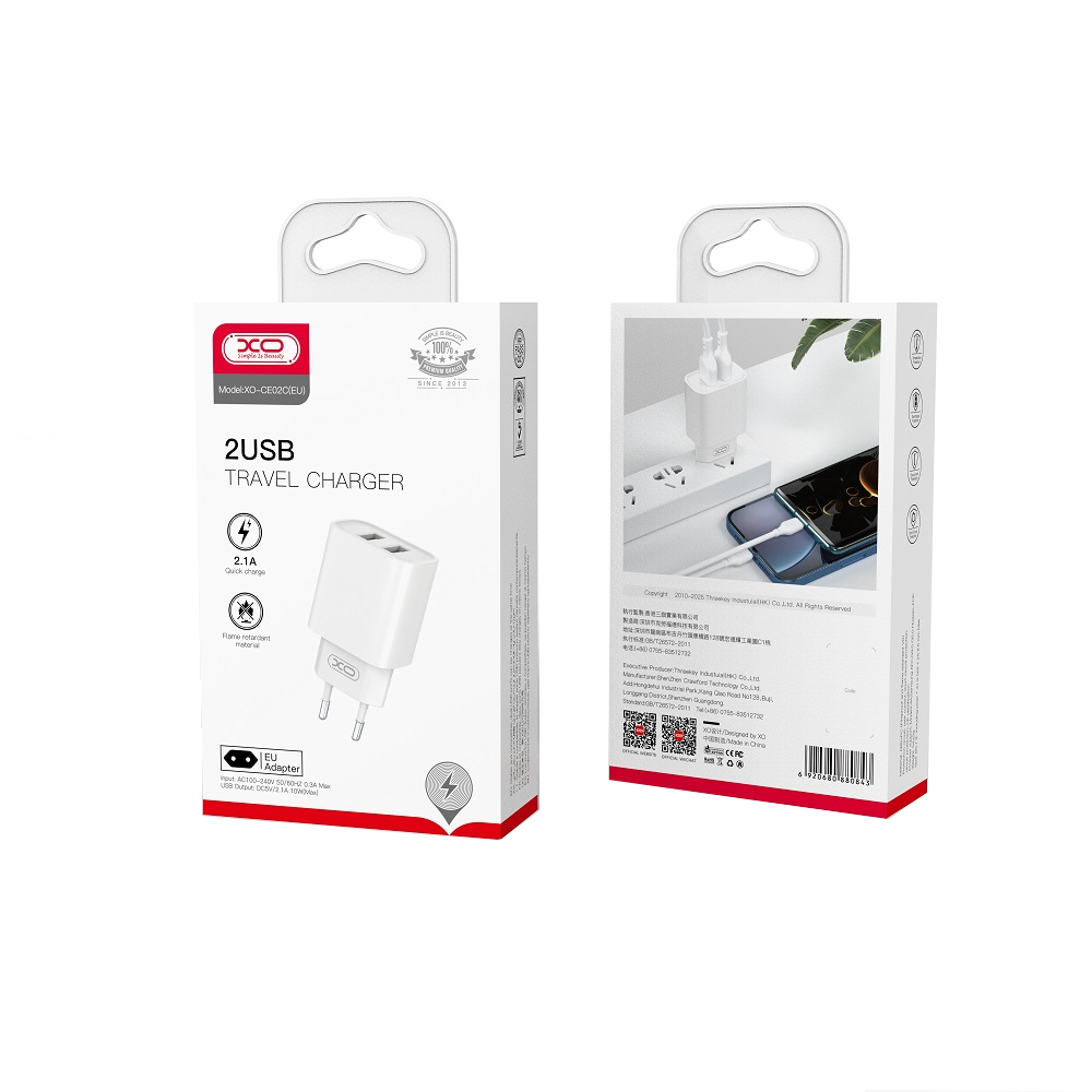 Punjač mreže XO Design CE02C, 10.5W, 2.1A, 2 x USB-A, Beli