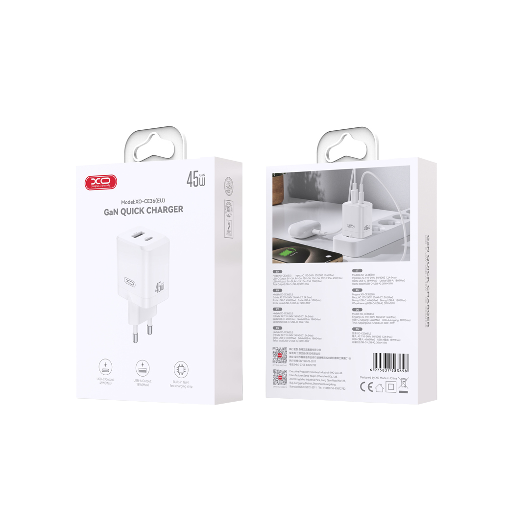 Punjač za mrežu XO Design CE36, 45W, 3A, 1 x USB-A - 1 x USB-C, Beli