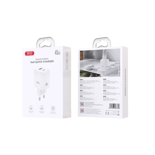 Punjač za mrežu XO Design CE36, 45W, 3A, 1 x USB-A - 1 x USB-C, Beli