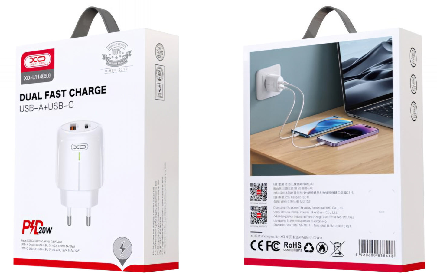 Punjač Mreže XO Design L114, 20W, 3A, 1 x USB-A - 1 x USB-C, Beli