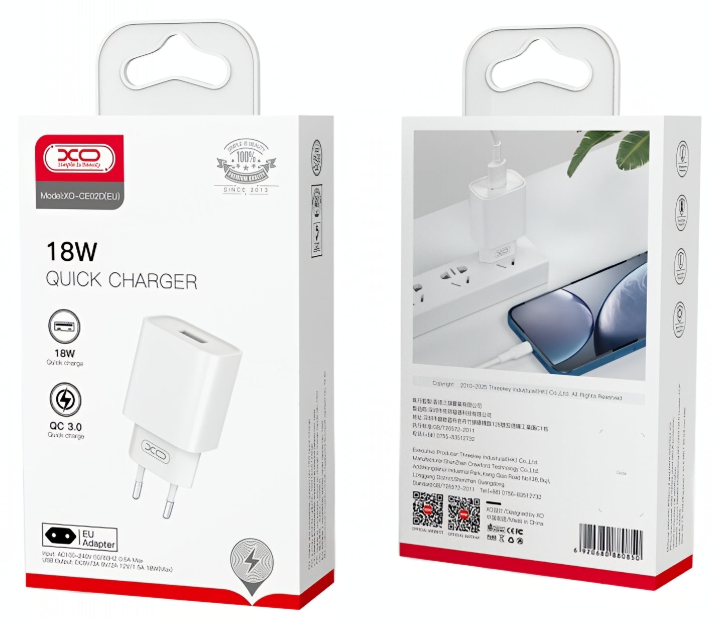 Punjač mreže XO Design CE02D, 18W, 3A, 1 x USB-A, Bela
