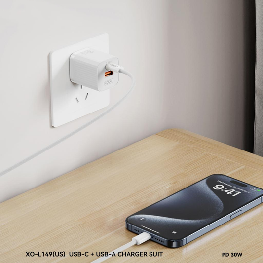 Punjač za mrežu XO Design L149, 30W, 3A, 1 x USB-A - 1 x USB-C, Bela
