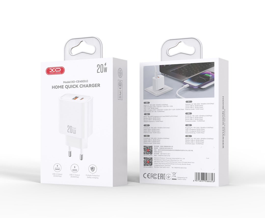 Punjač za mrežu XO Design CE40, 20W, 3A, 1 x USB-A - 1 x USB-C, Bela