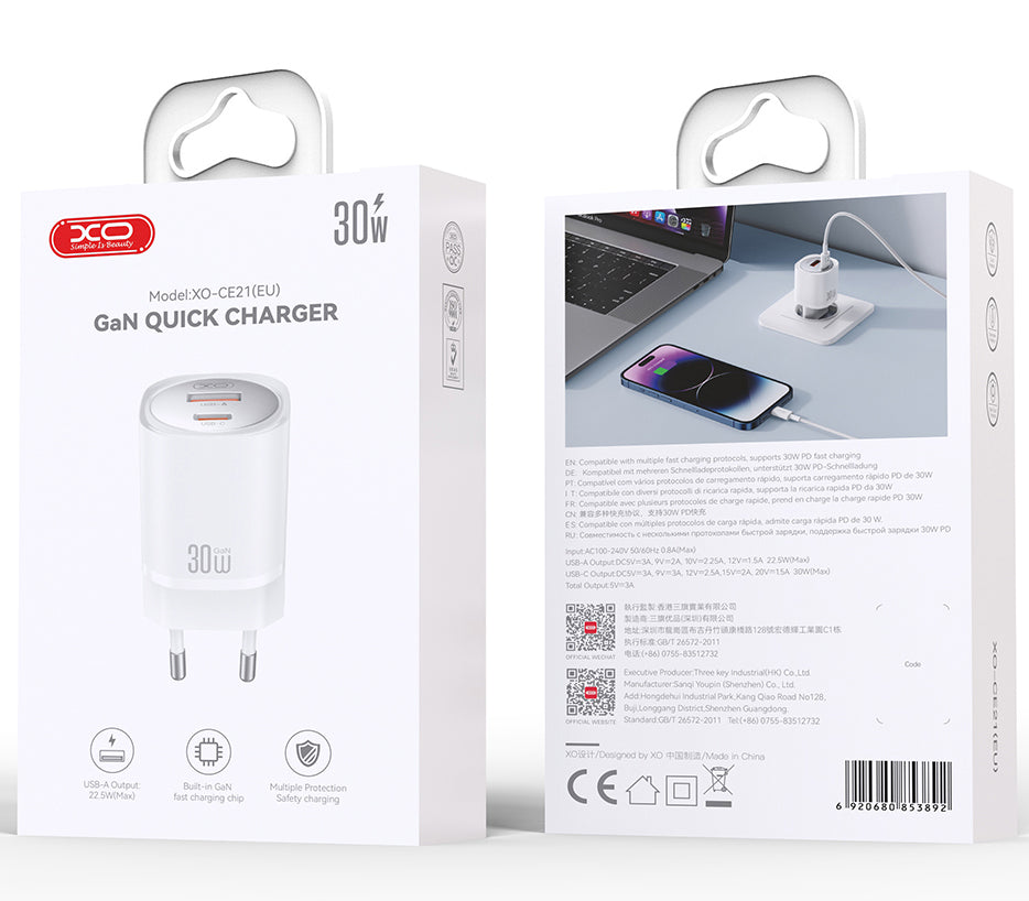 Punjač mreže XO Design CE21, 30W, 3A, 1 x USB-A - 1 x USB-C, Beli