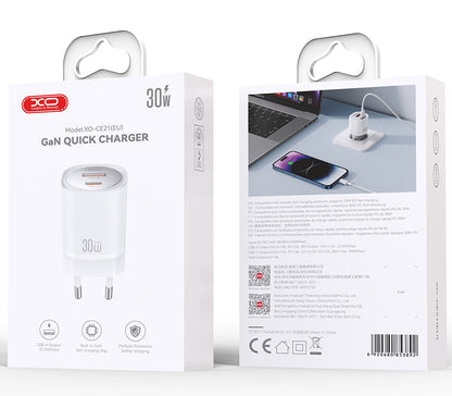 Punjač mreže XO Design CE21, 30W, 3A, 1 x USB-A - 1 x USB-C, Beli