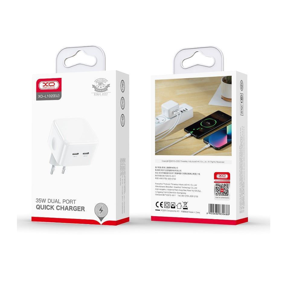 Punjač za mrežu XO Design L102, 35W, 3A, 2 x USB-C, Beli