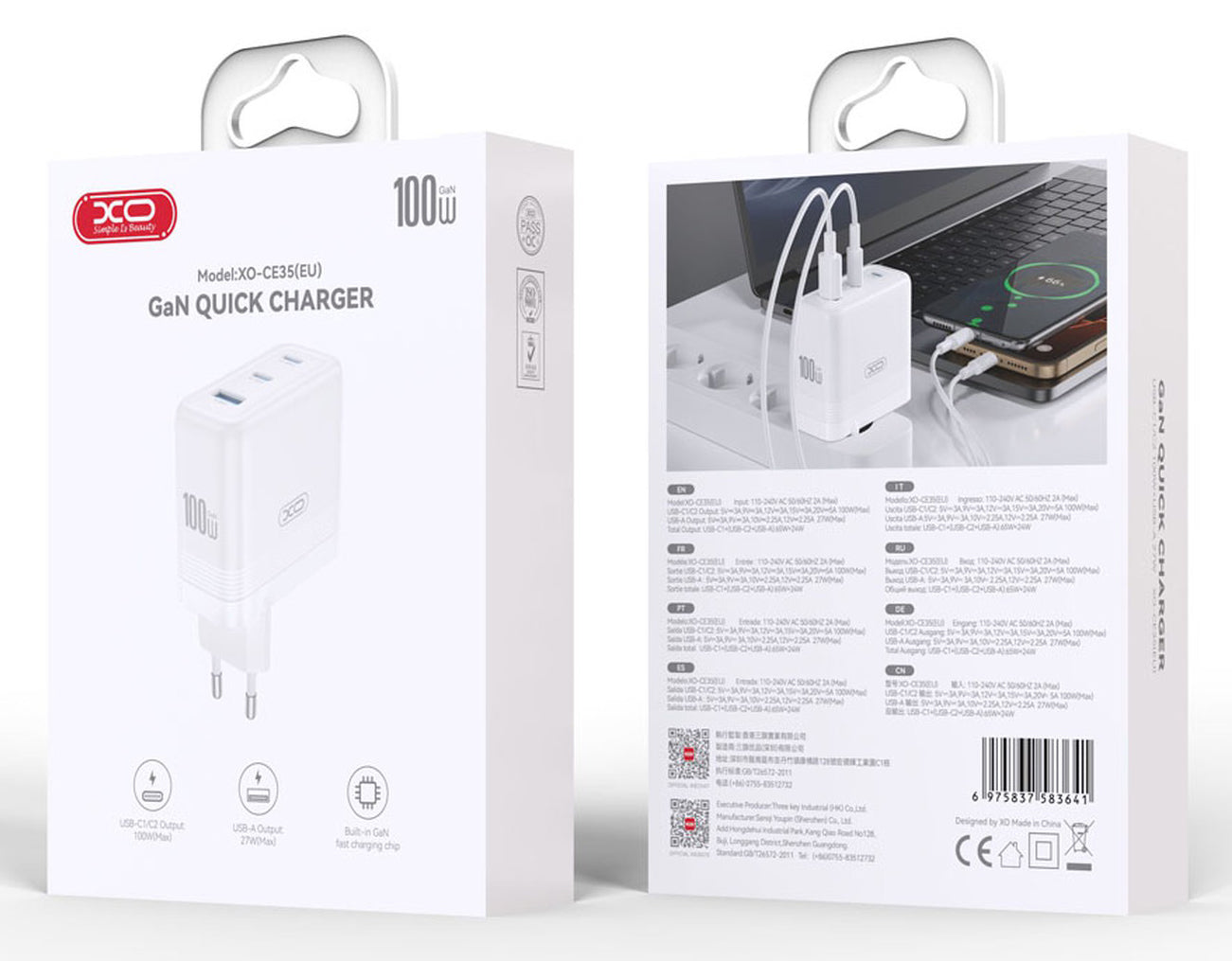 Punjač mreže XO Design CE35, 100W, 5A, 1 x USB-A - 2 x USB-C, Beli