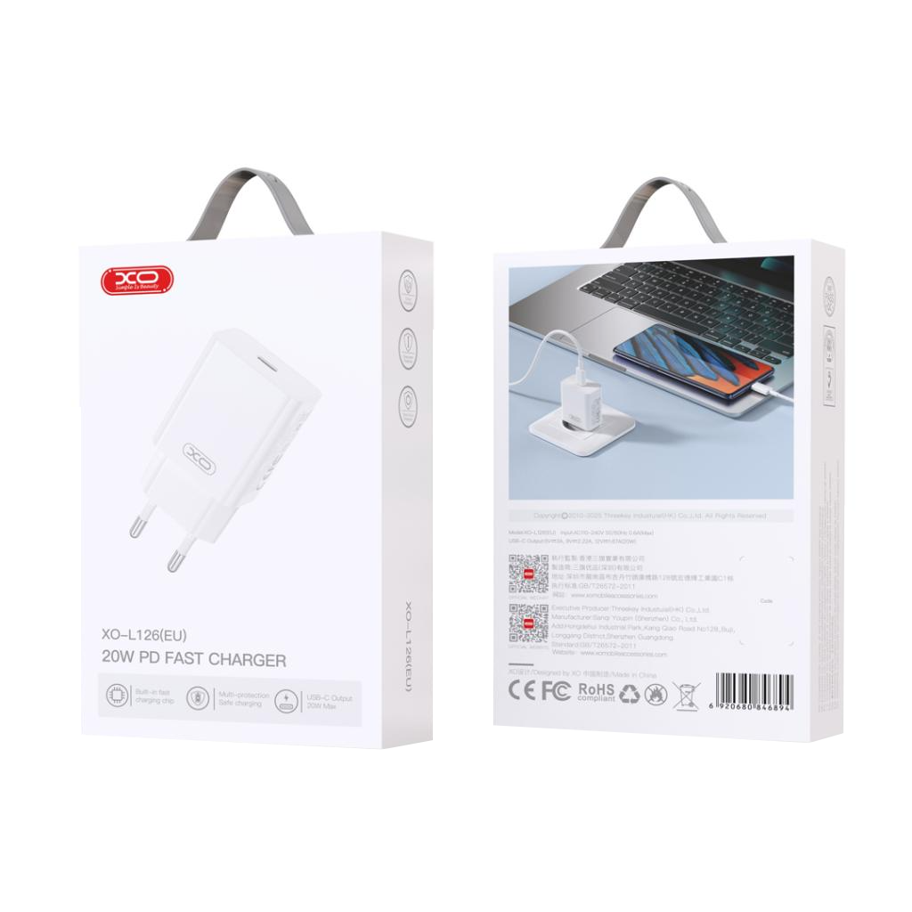 Punjač mreže XO Design L126, 20W, 3A, 1 x USB-C, Beli