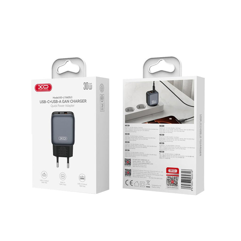 Punjač mreže XO Design L156, 30W, 3A, 1 x USB-A - 1 x USB-C, Crni