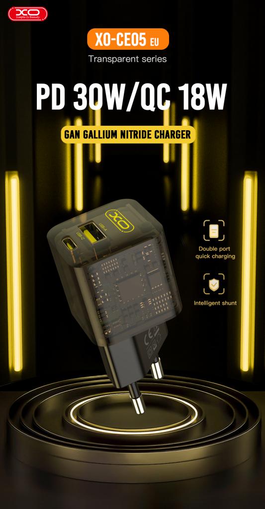 Punjač mreže XO Design CE05, 30W, 3A, 1 x USB-A - 1 x USB-C, Braon