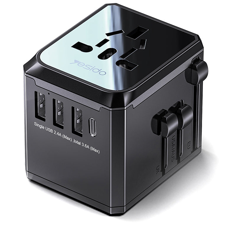 Network Charger Yesido MC10 Travel, 18W, 3.6A, 1 x USB-C - 3 x USB-A, Black 
