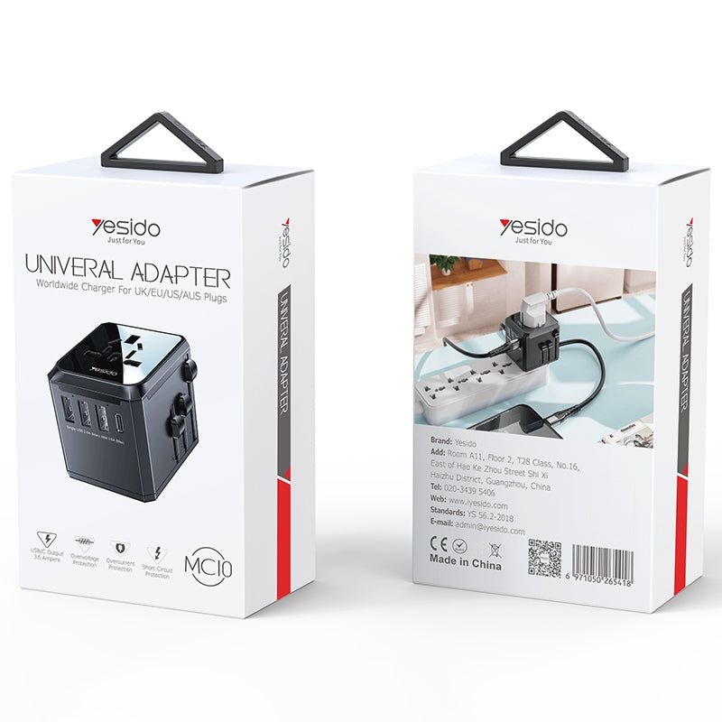 Network Charger Yesido MC10 Travel, 18W, 3.6A, 1 x USB-C - 3 x USB-A, Black 