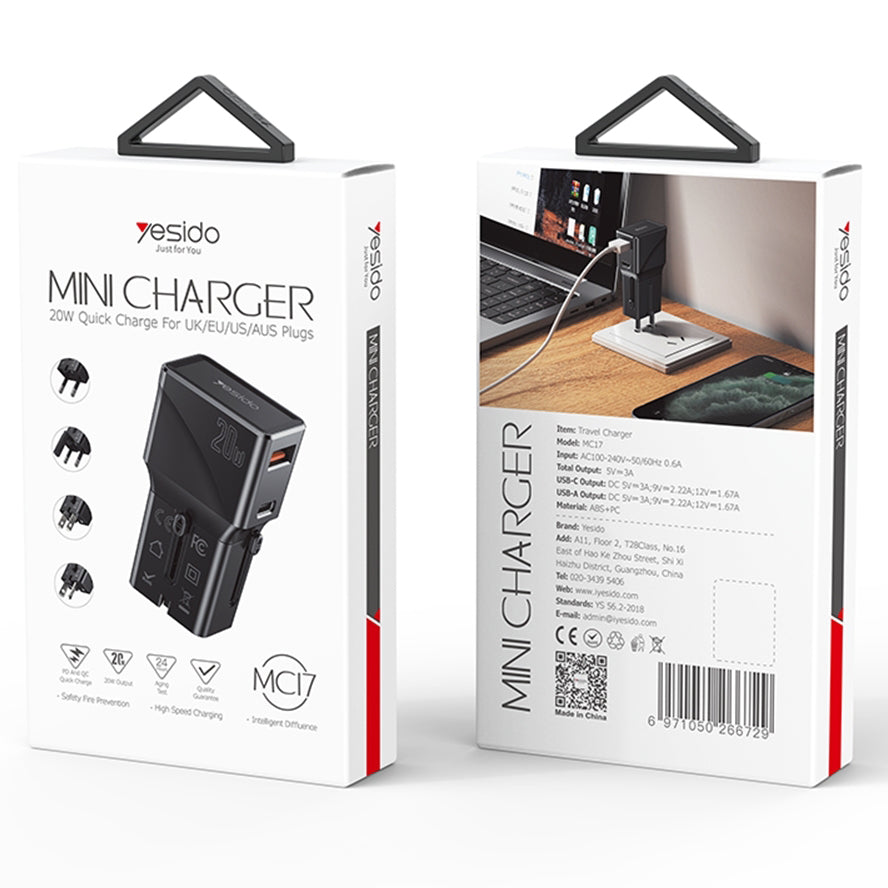Network Charger Yesido MC17 Travel, 20W, 3A, 1 x USB-A - 1 x USB-C, Black 