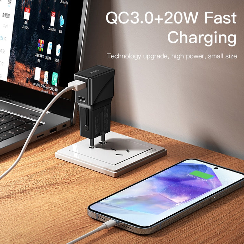 Network Charger Yesido MC17 Travel, 20W, 3A, 1 x USB-A - 1 x USB-C, Black 