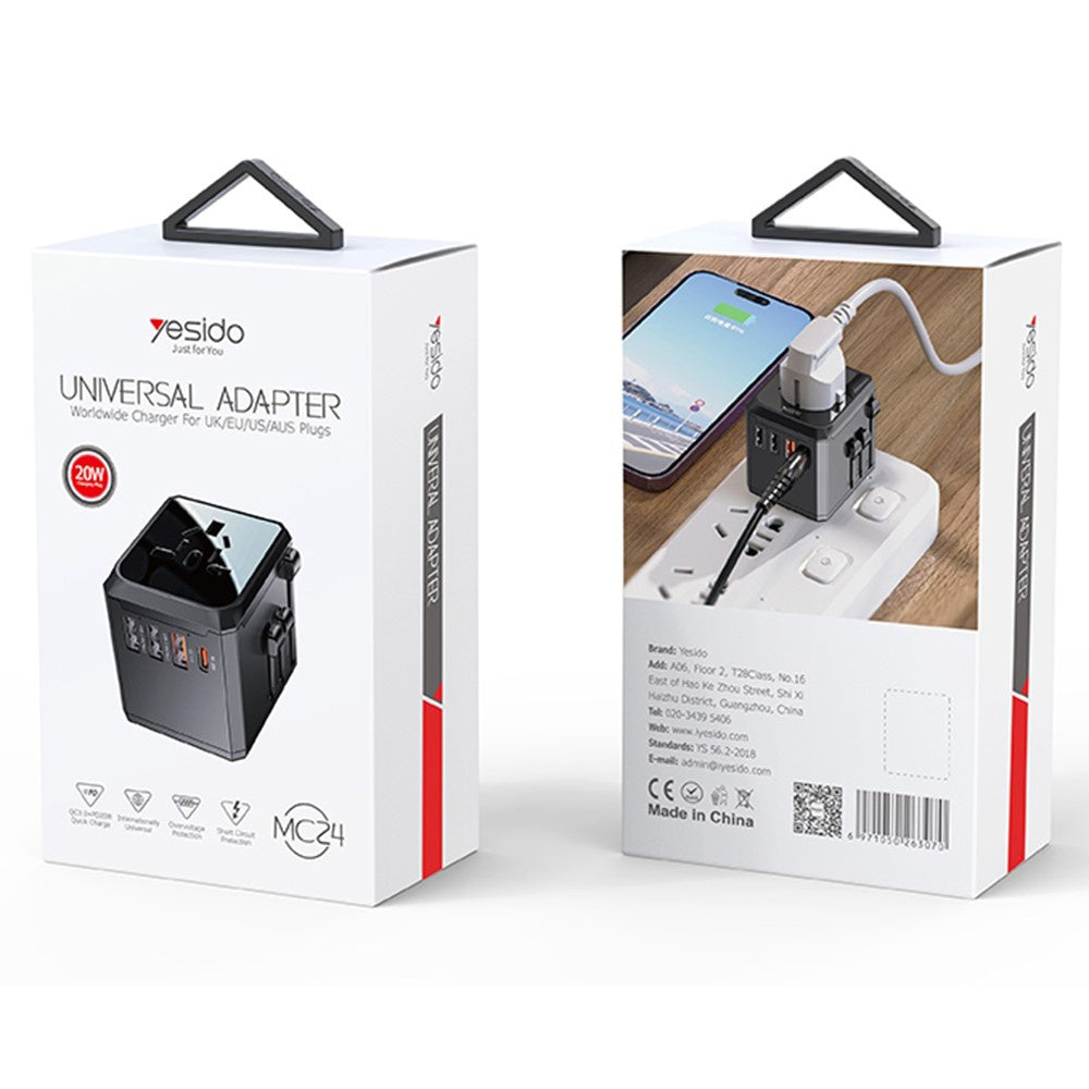 Punjač mreže Yesido MC24 Travel, 20W, 3A, 3 x USB-A - 1 x USB-C, Crni
