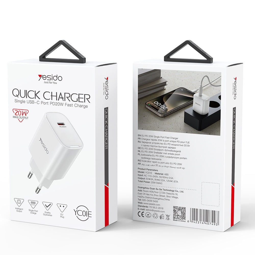Punjač za mrežu Yesido YC01E, 20W, 3A, 1 x USB-C, Beli