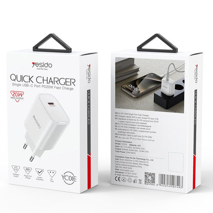 Punjač za mrežu Yesido YC01E, 20W, 3A, 1 x USB-C, Beli