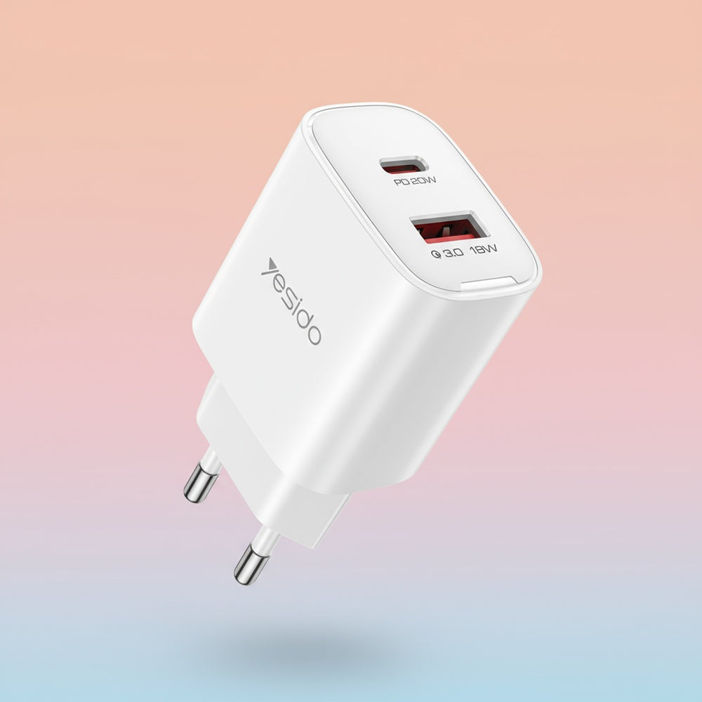 Punjač mreže Yesido YC02E, 20W, 3A, 1 x USB-A - 1 x USB-C, Beli