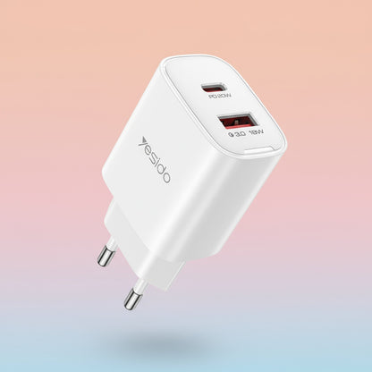 Punjač mreže Yesido YC02E, 20W, 3A, 1 x USB-A - 1 x USB-C, Beli
