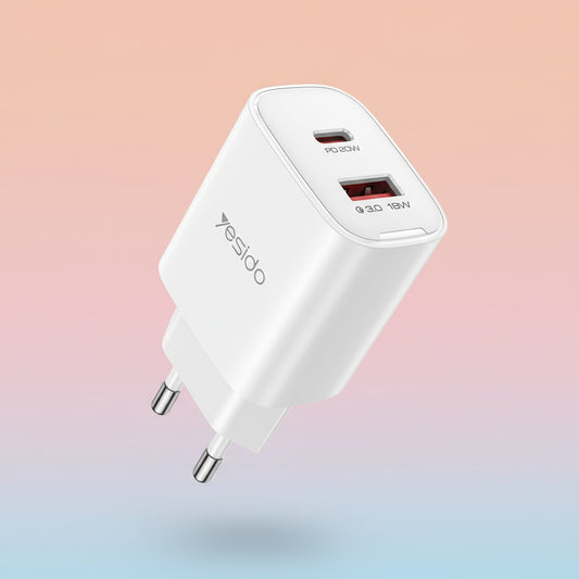 Punjač mreže Yesido YC02E, 20W, 3A, 1 x USB-A - 1 x USB-C, Beli