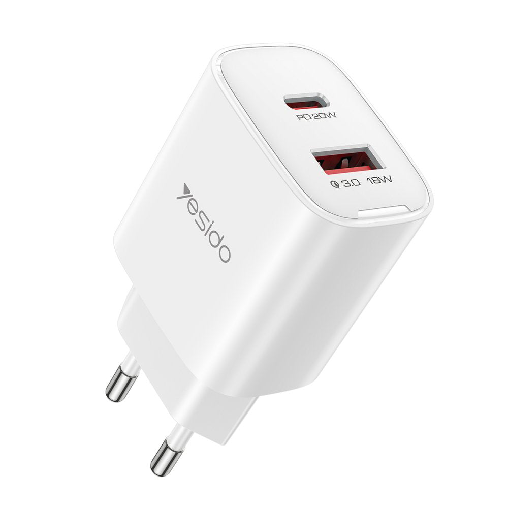 Punjač mreže Yesido YC02E, 20W, 3A, 1 x USB-A - 1 x USB-C, Beli