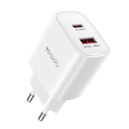 Punjač mreže Yesido YC02E, 20W, 3A, 1 x USB-A - 1 x USB-C, Beli