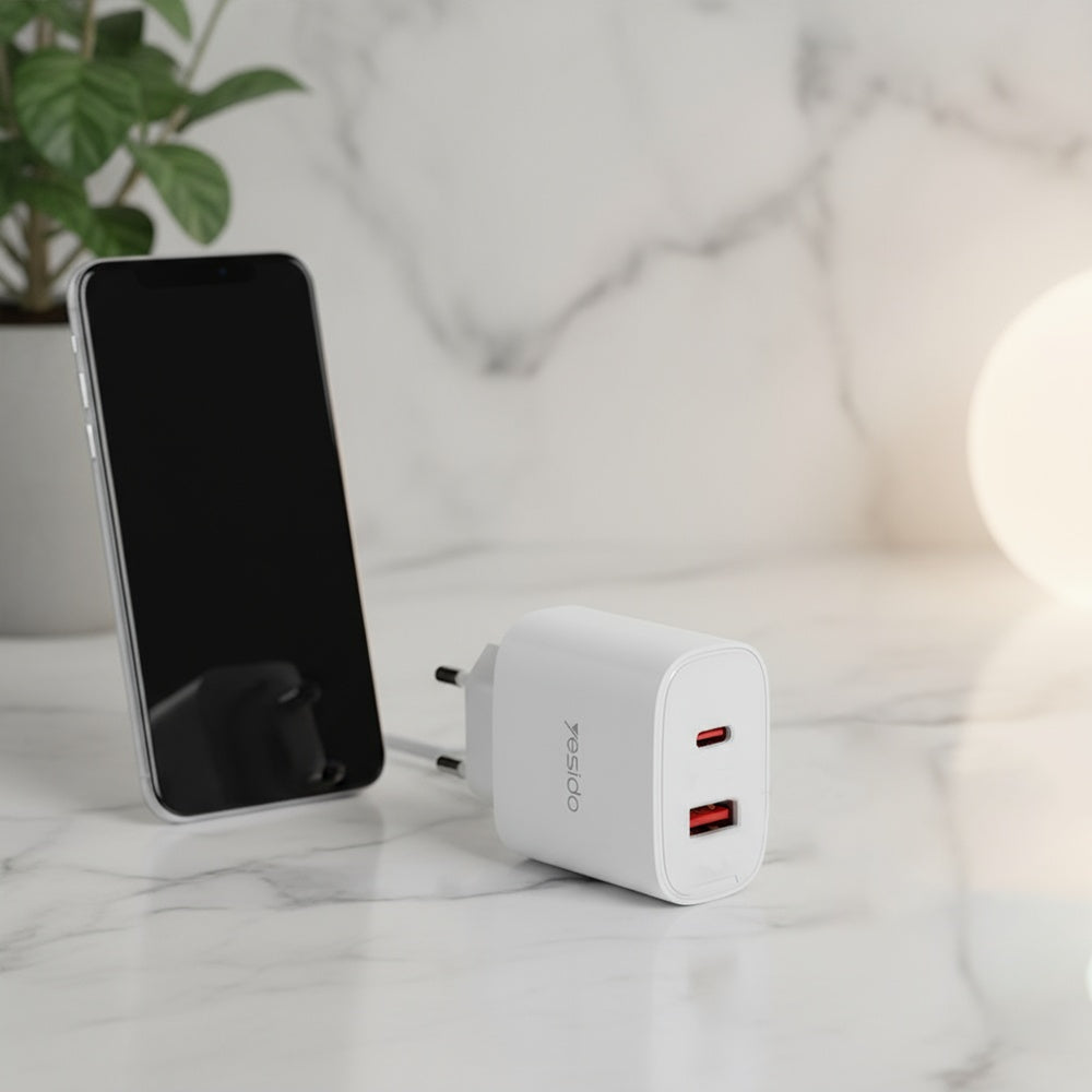 Punjač mreže Yesido YC02E, 20W, 3A, 1 x USB-A - 1 x USB-C, Beli