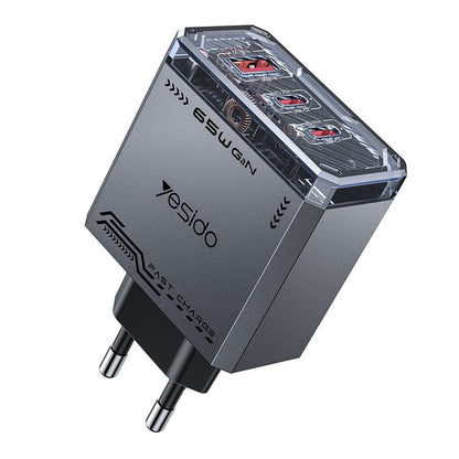 Punjač mreže Yesido YC101, 65W, 3.25A, 1 x USB-A - 2 x USB-C, Crni