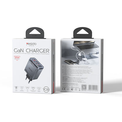 Punjač mreže Yesido YC101, 65W, 3.25A, 1 x USB-A - 2 x USB-C, Crni