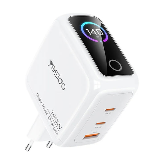 Punjač za mrežu Yesido YC114 Display, 140W, 5A, 1 x USB-A - 2 x USB-C, Bela