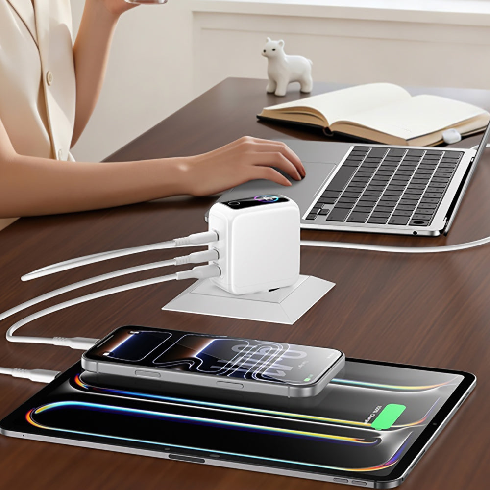 Punjač za mrežu Yesido YC114 Display, 140W, 5A, 1 x USB-A - 2 x USB-C, Bela