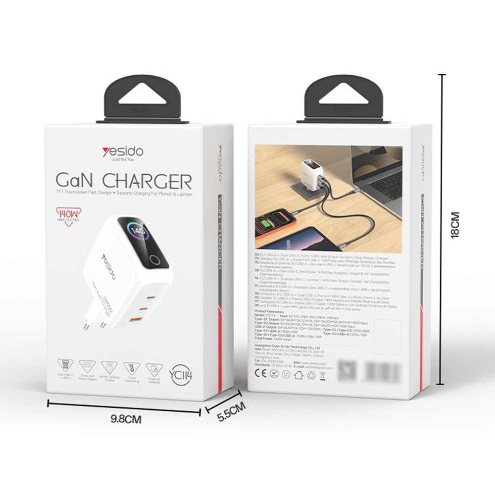 Punjač za mrežu Yesido YC114 Display, 140W, 5A, 1 x USB-A - 2 x USB-C, Bela