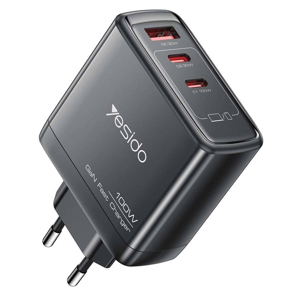 Punjač za mrežu Yesido YC142, 100W, 5A, 1 x USB-A - 2 x USB-C, Crni