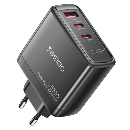 Punjač za mrežu Yesido YC142, 100W, 5A, 1 x USB-A - 2 x USB-C, Crni