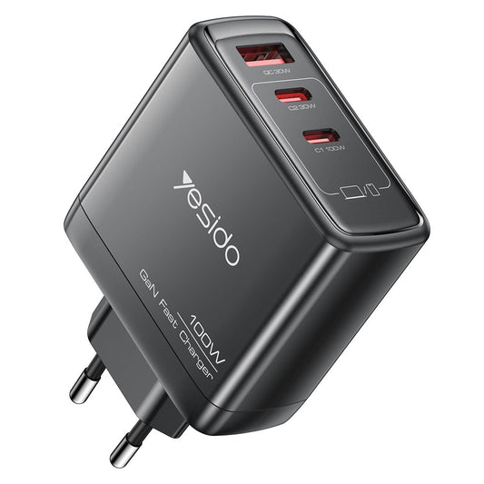 Punjač za mrežu Yesido YC142, 100W, 5A, 1 x USB-A - 2 x USB-C, Crni