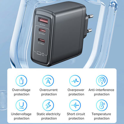 Punjač za mrežu Yesido YC142, 100W, 5A, 1 x USB-A - 2 x USB-C, Crni