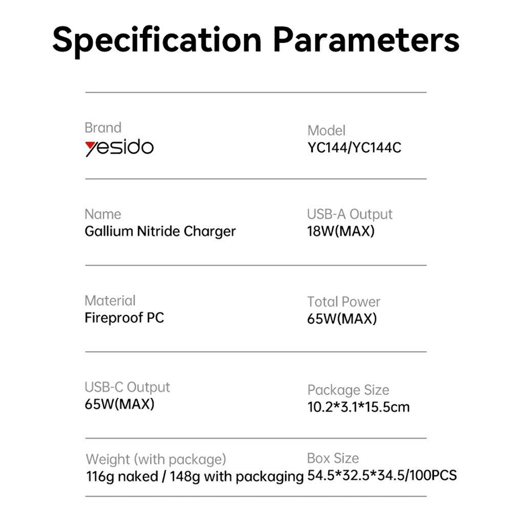 Punjač mreže Yesido YC144, 65W, 3.25A, 1 x USB-A - 2 x USB-C, Crni