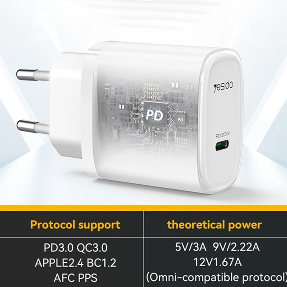 Punjač mreže Yesido YC57, 20W, 3A, 1 x USB-C, Beli