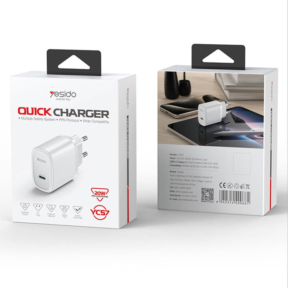 Punjač mreže Yesido YC57, 20W, 3A, 1 x USB-C, Beli